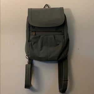 A grey travel backpack